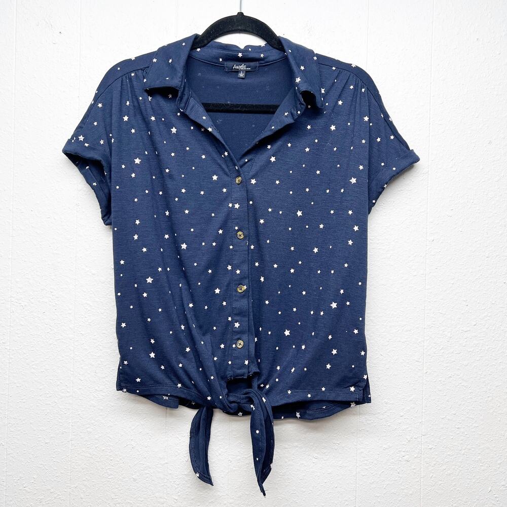 Angels Star Print Button Front Shirt Women Small Tie Front Patriotic 4th of July